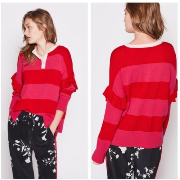 Joie Cashmere Inghin Striped Ruffle Rugby Sweater - Picture 1 of 7
